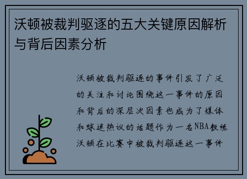沃顿被裁判驱逐的五大关键原因解析与背后因素分析